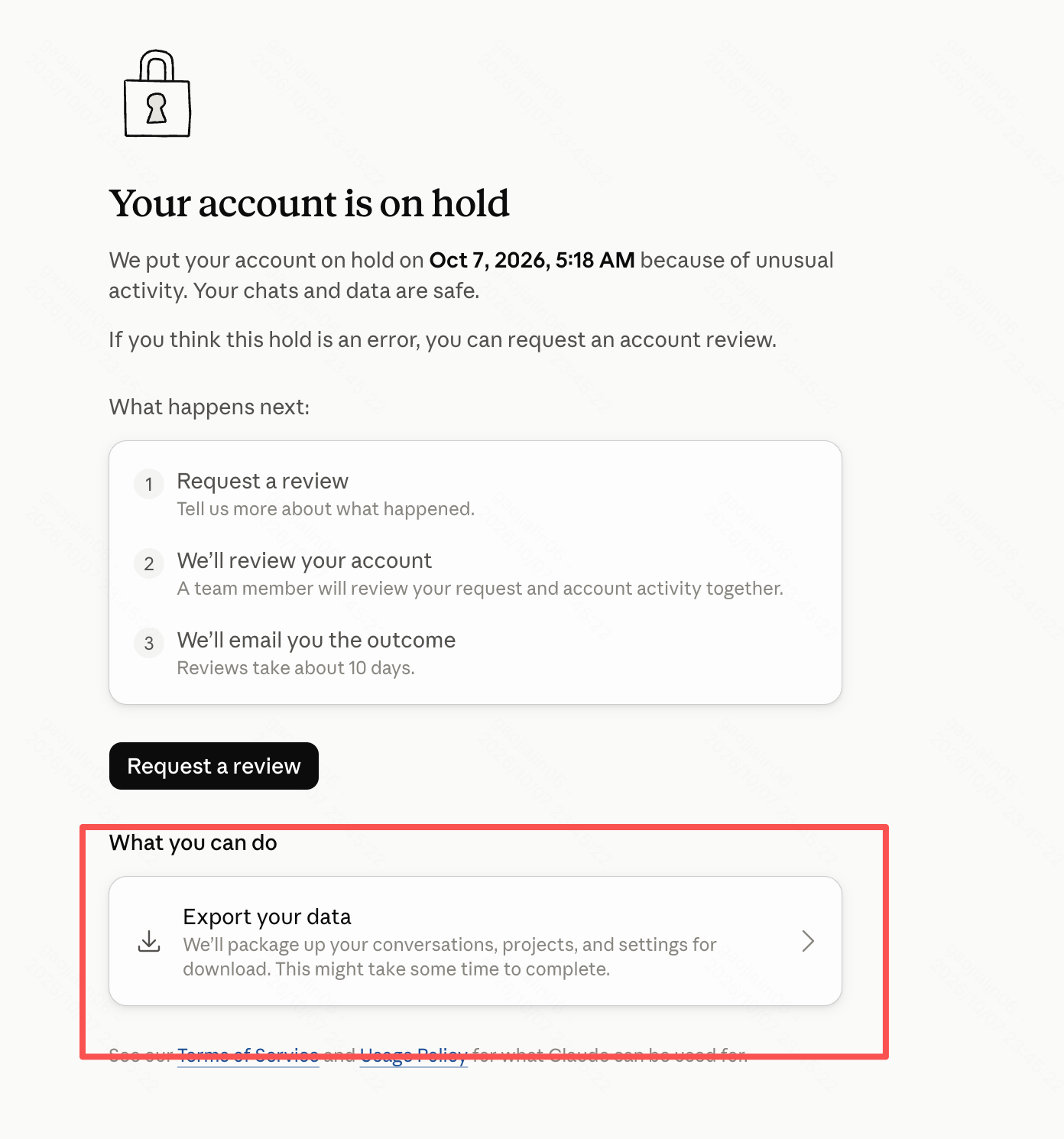 受限页:What you can do 区块中的 Export your data 入口